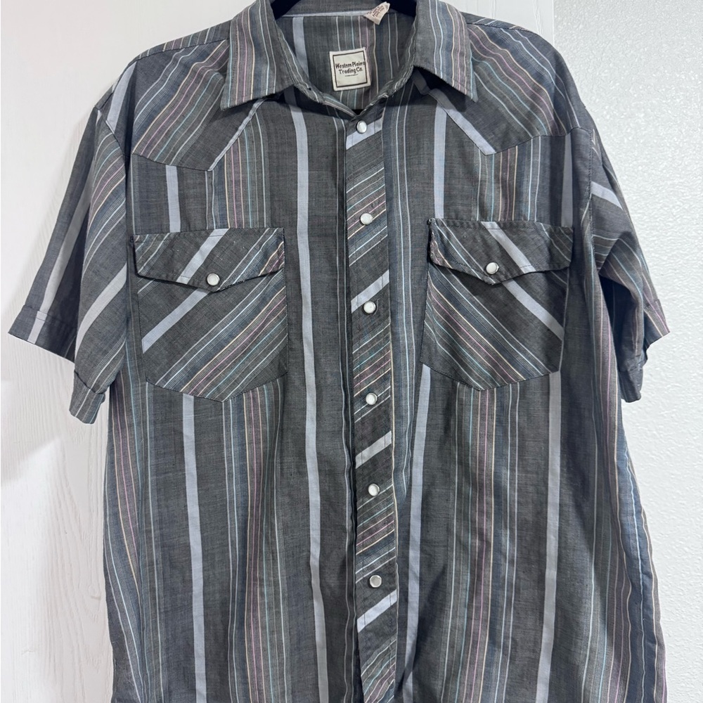 Vintage pearl snap Short-Sleeve Striped Button-Down Shirt - Gray